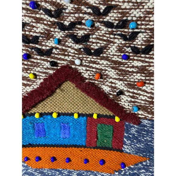 Hanging Wall Tapestry with House and Ducks Brown, Blue, Orange - Picture 4 of 8